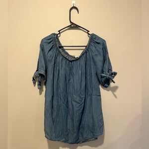 Tempo Paris Chambray Off Shoulder Top XL Blue Boho Peasant Blouse